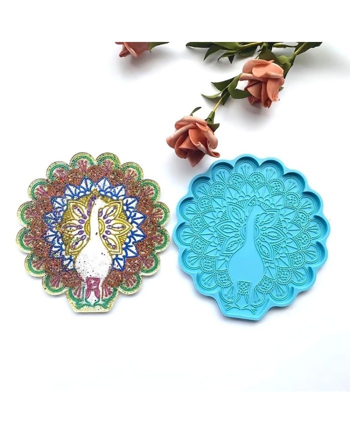 Reçine Epoksi Kalıp - Tavus Kuşu Bardak Altı Nihale - 993